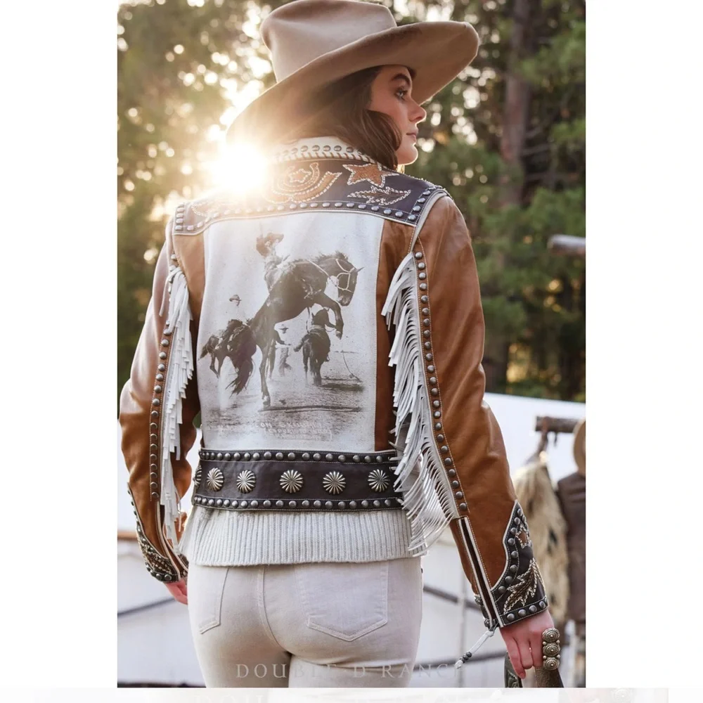 Double D Ranch Leather fringe Jacket studded bucking horse cowgirl RTL $1395 NWT - Picture 8 of 15
